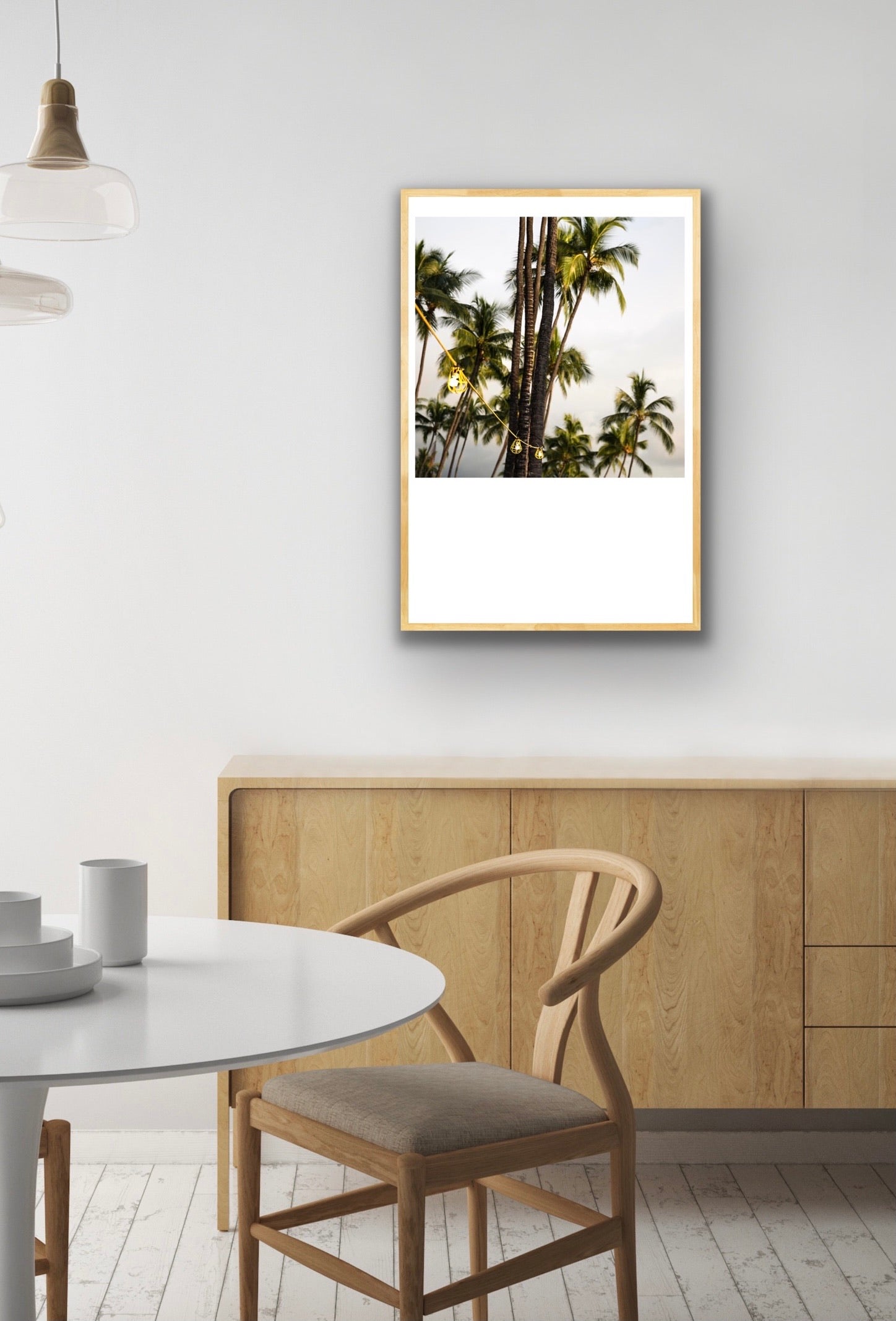 Wall art color photography print poster of string lights in front o coconut trees in Kona Hawaii