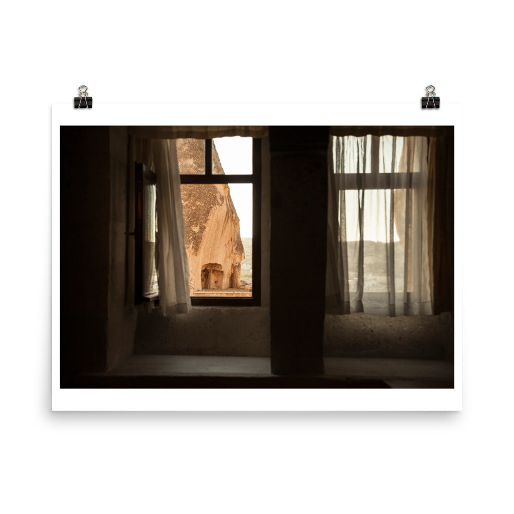 Wall art photography print poster of open window overlooking the caves in Capadoccia, Turkey