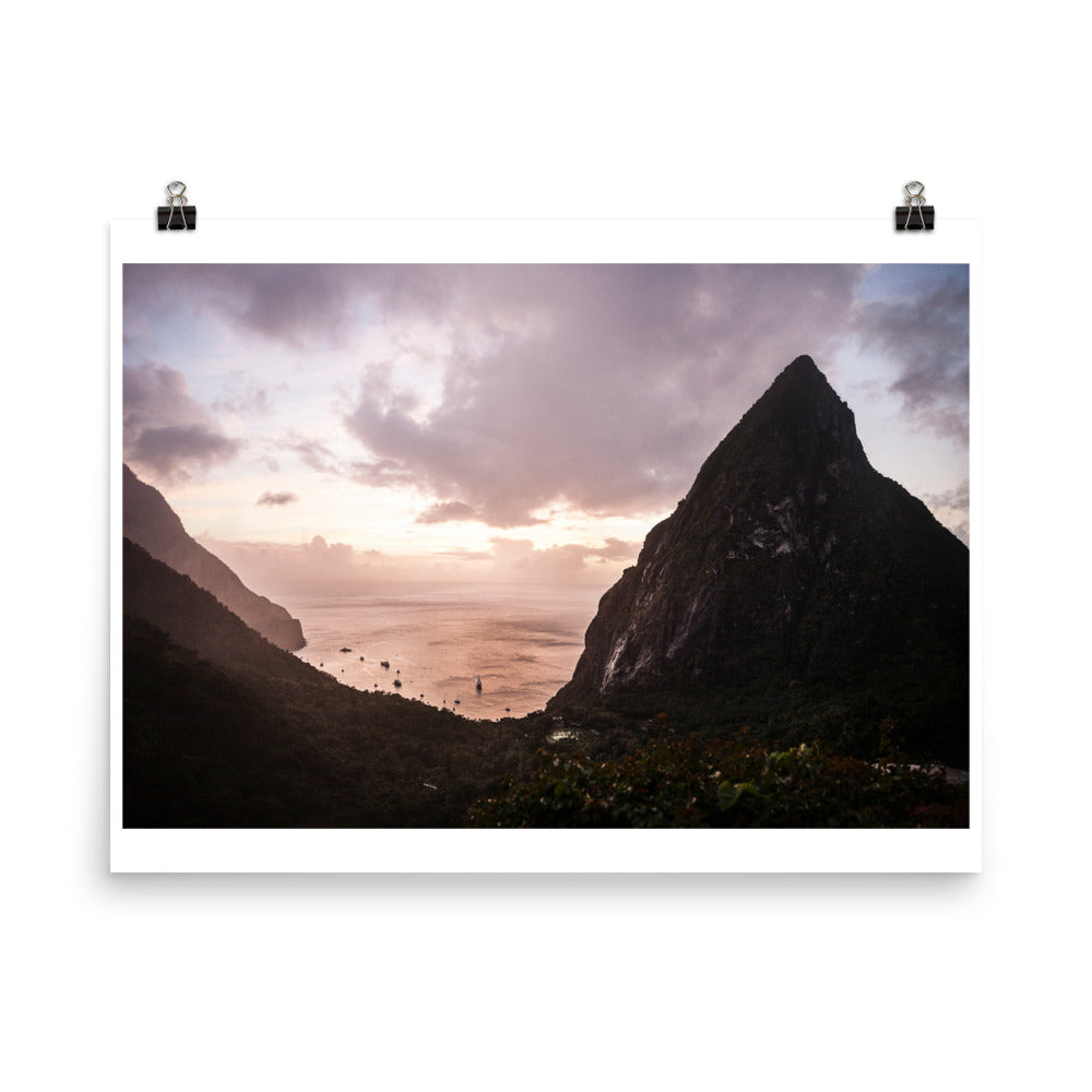 Wall art color photography print poster of the sunset over soufriere in st lucia