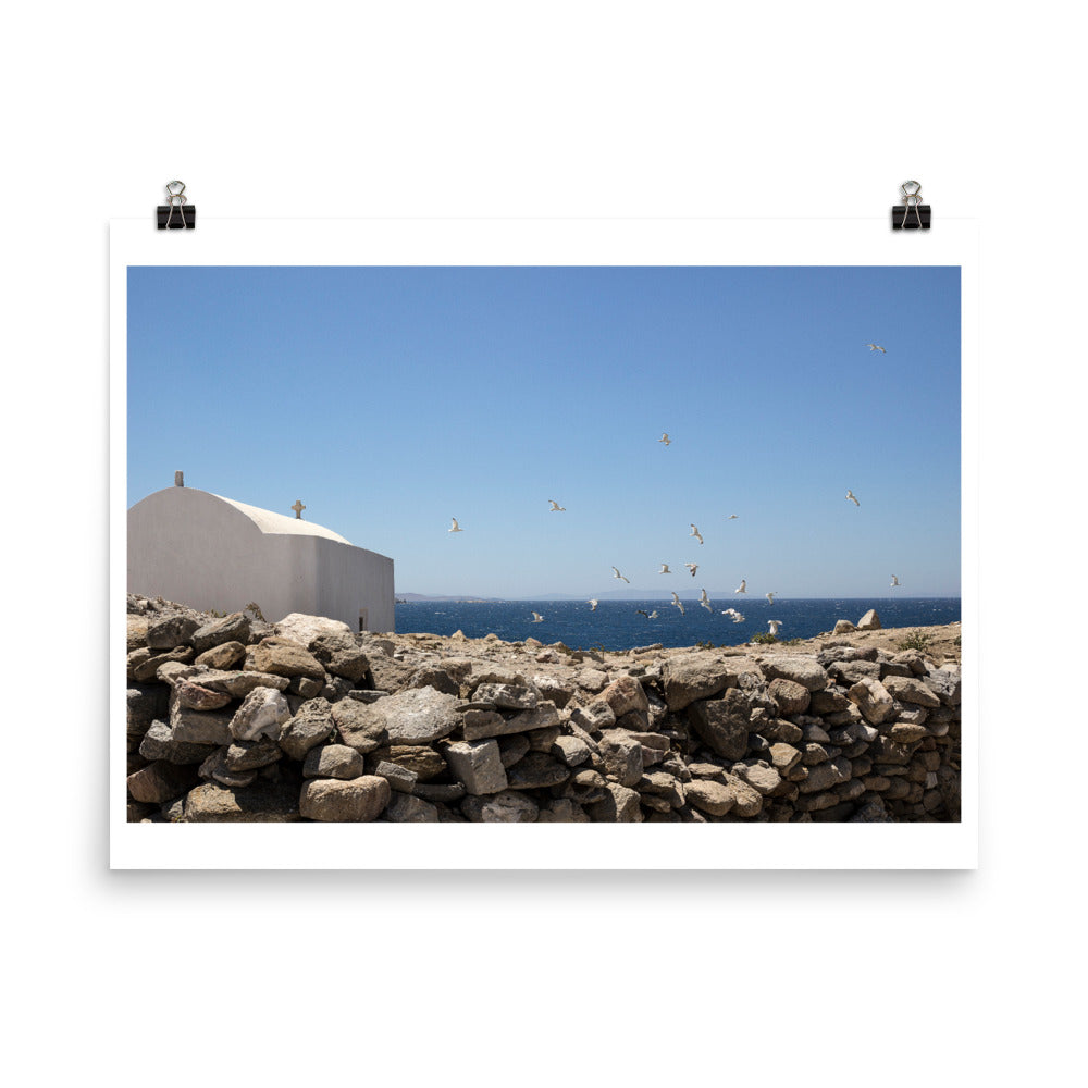 Wall art color photography print poster of a church overlooking the ocean in Mykonos Greece