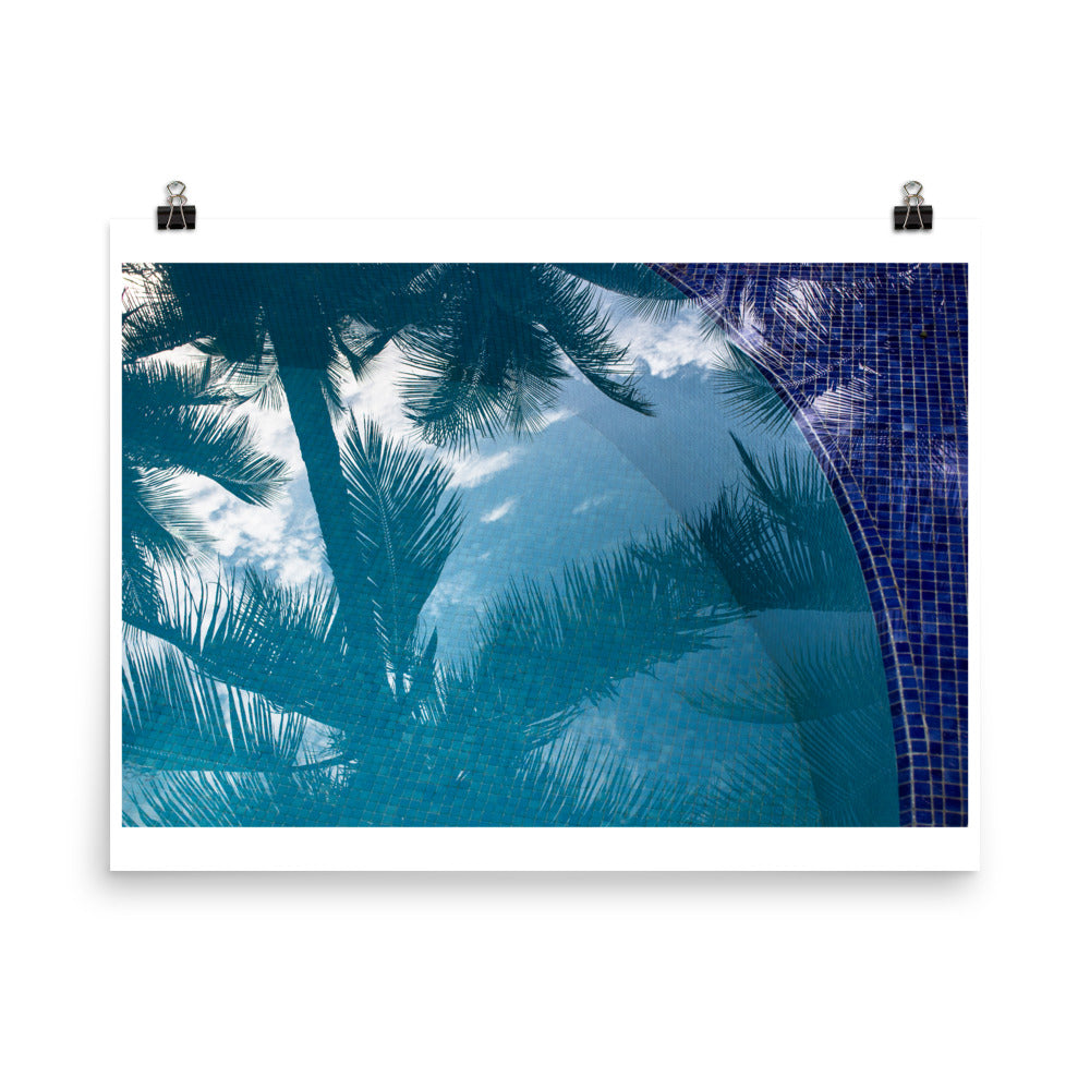 Wall art color photography print poster of coconut trees reflections on a blue pool in Praia Preta Brazil