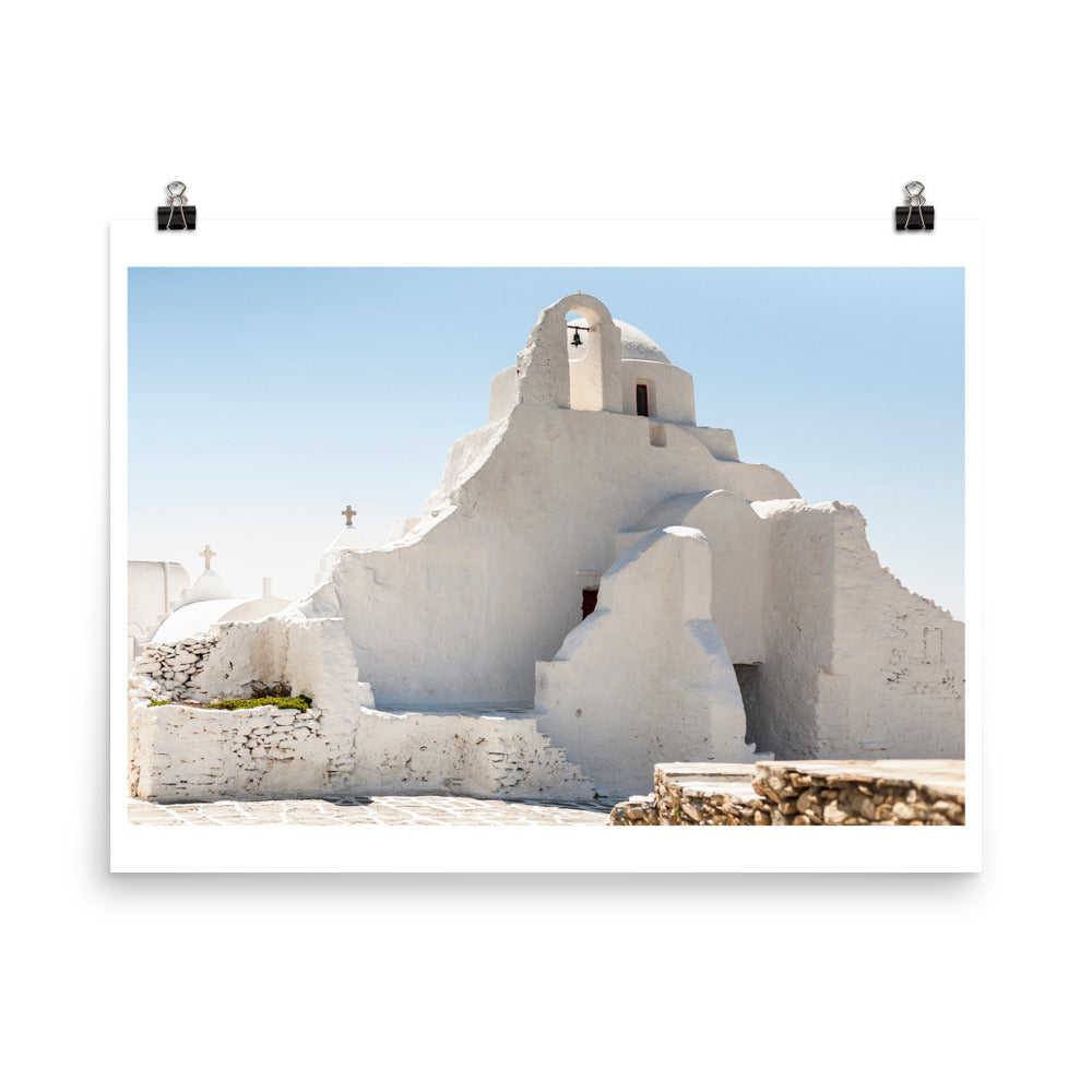 Wall art color photography print poster of Panagia Paraportiani church in Mykonos Greece