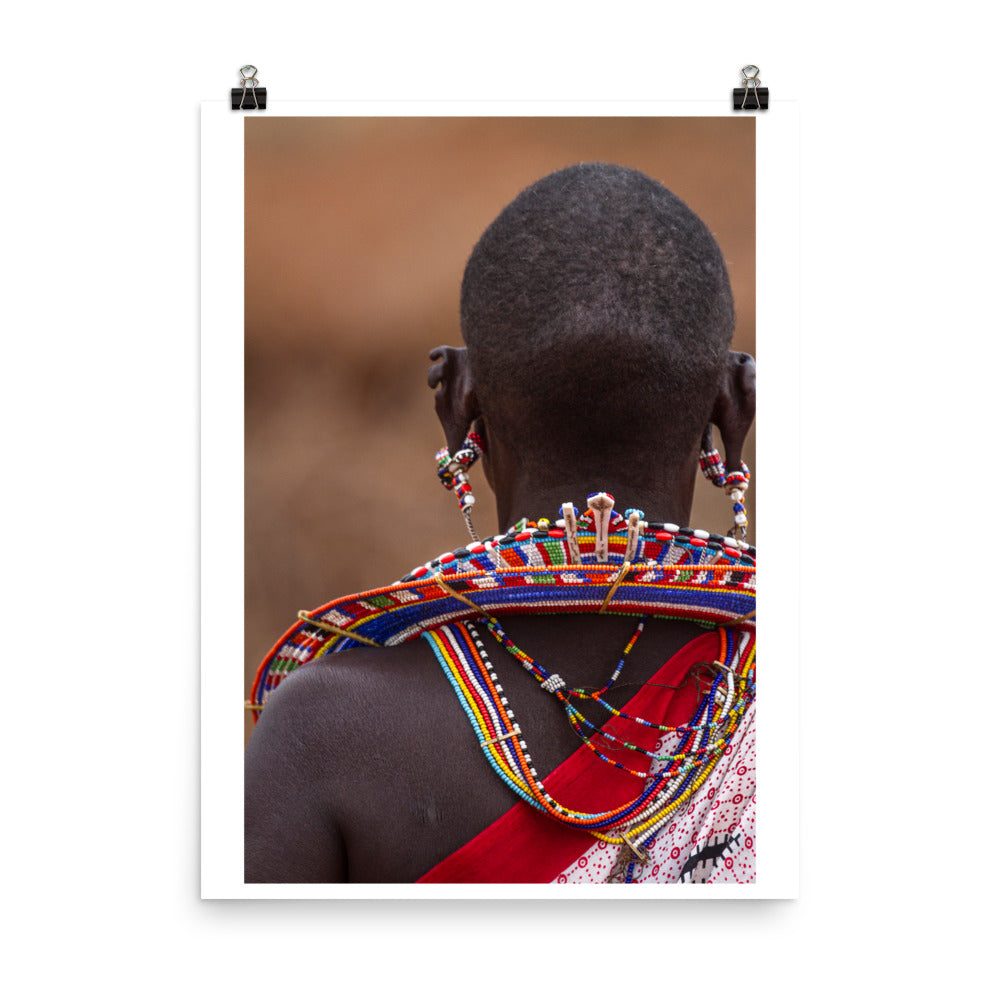 Wall art color photography print poster of a Maasai woman wearing african jewelry.