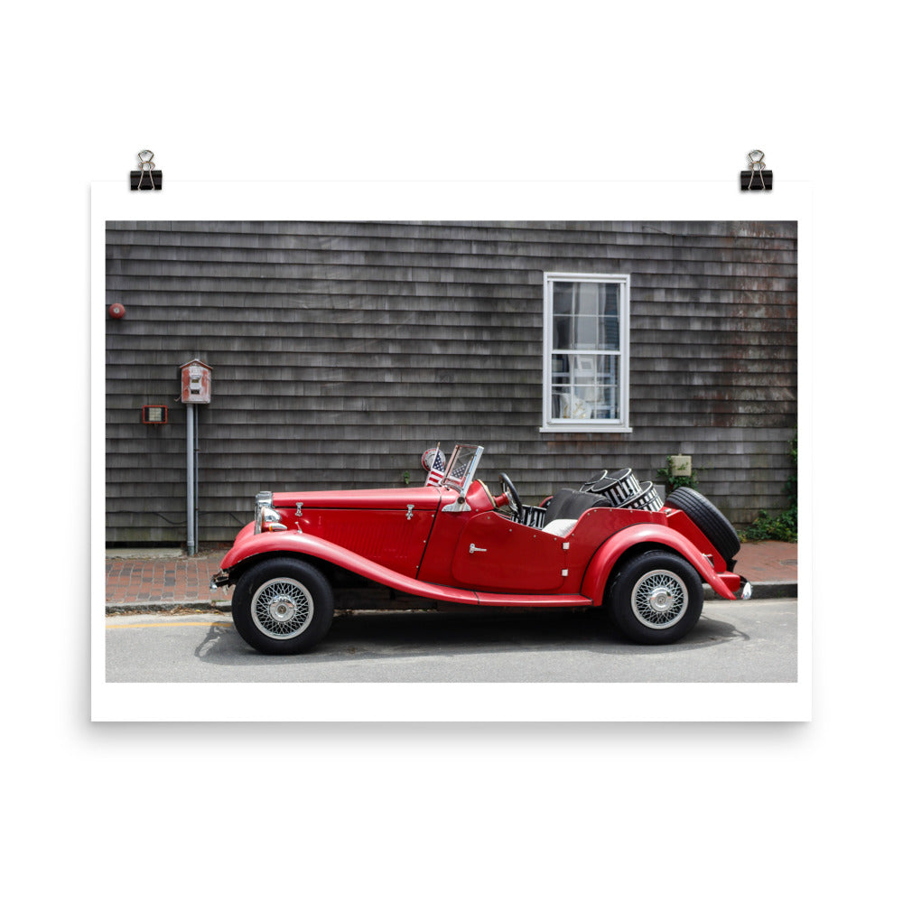 Wall art color photography print poster of a red vintage car with gift boxes in Nantucket Massachussets