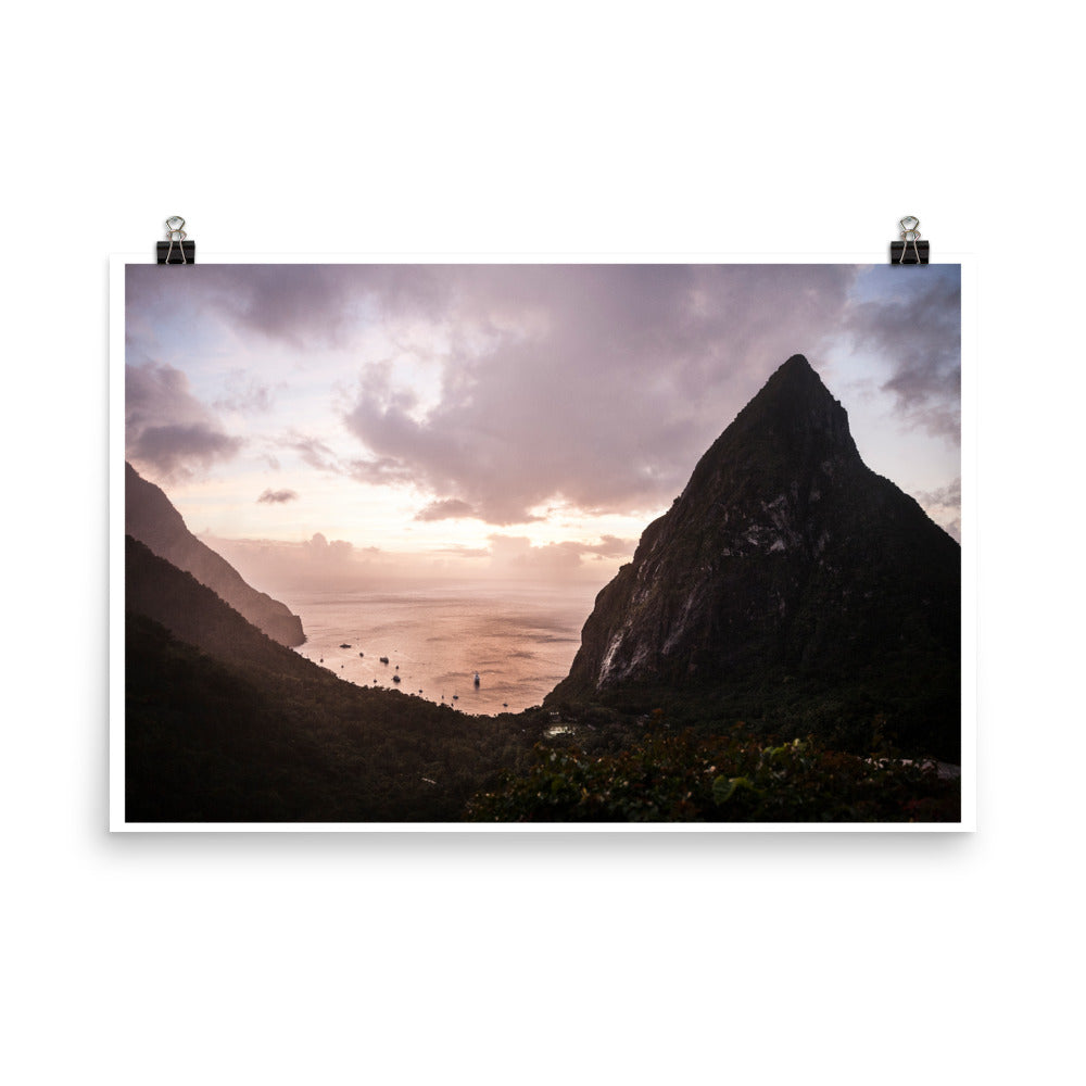 Wall art color photography print poster of the sunset over soufriere in St Lucia