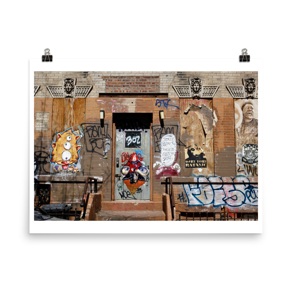 Wall art photography print poster of graffiti and wheatpaste stickers on building front in Brooklyn, USA