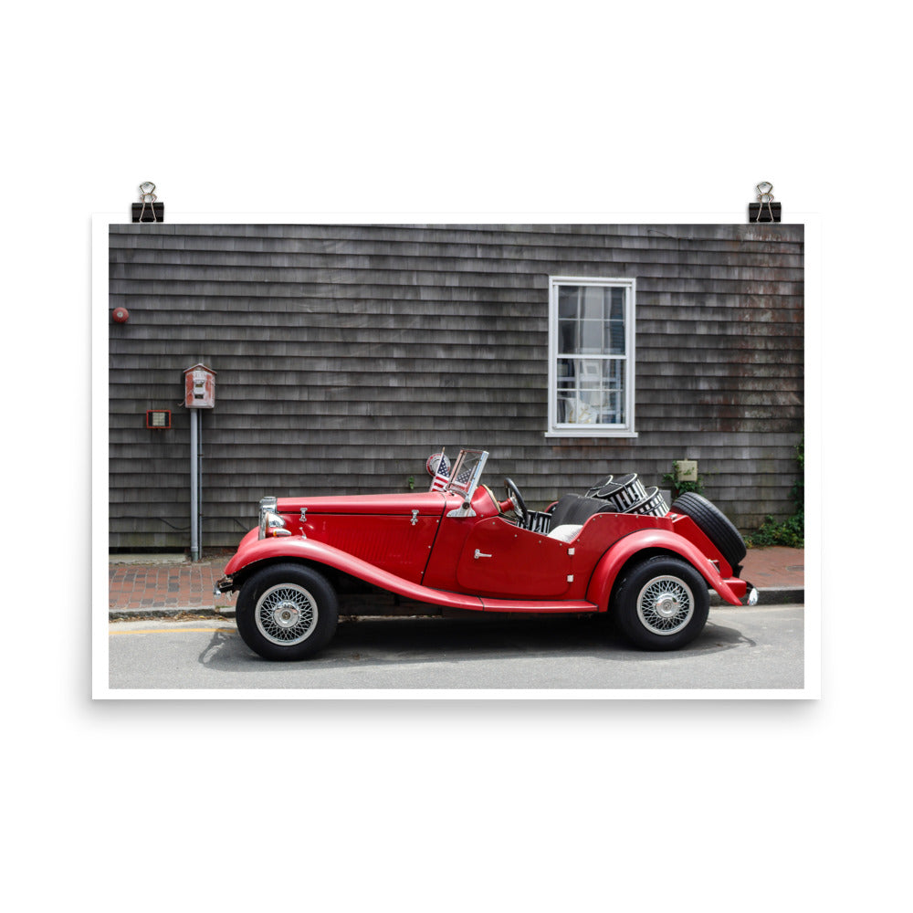 Wall art color photography print poster of a red vintage car with gift boxes in Nantucket Massachussets