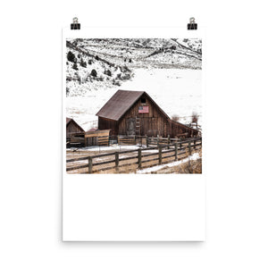 Wall art color photography print poster of an american flag hanging on a barn in Aspen Colorado USA