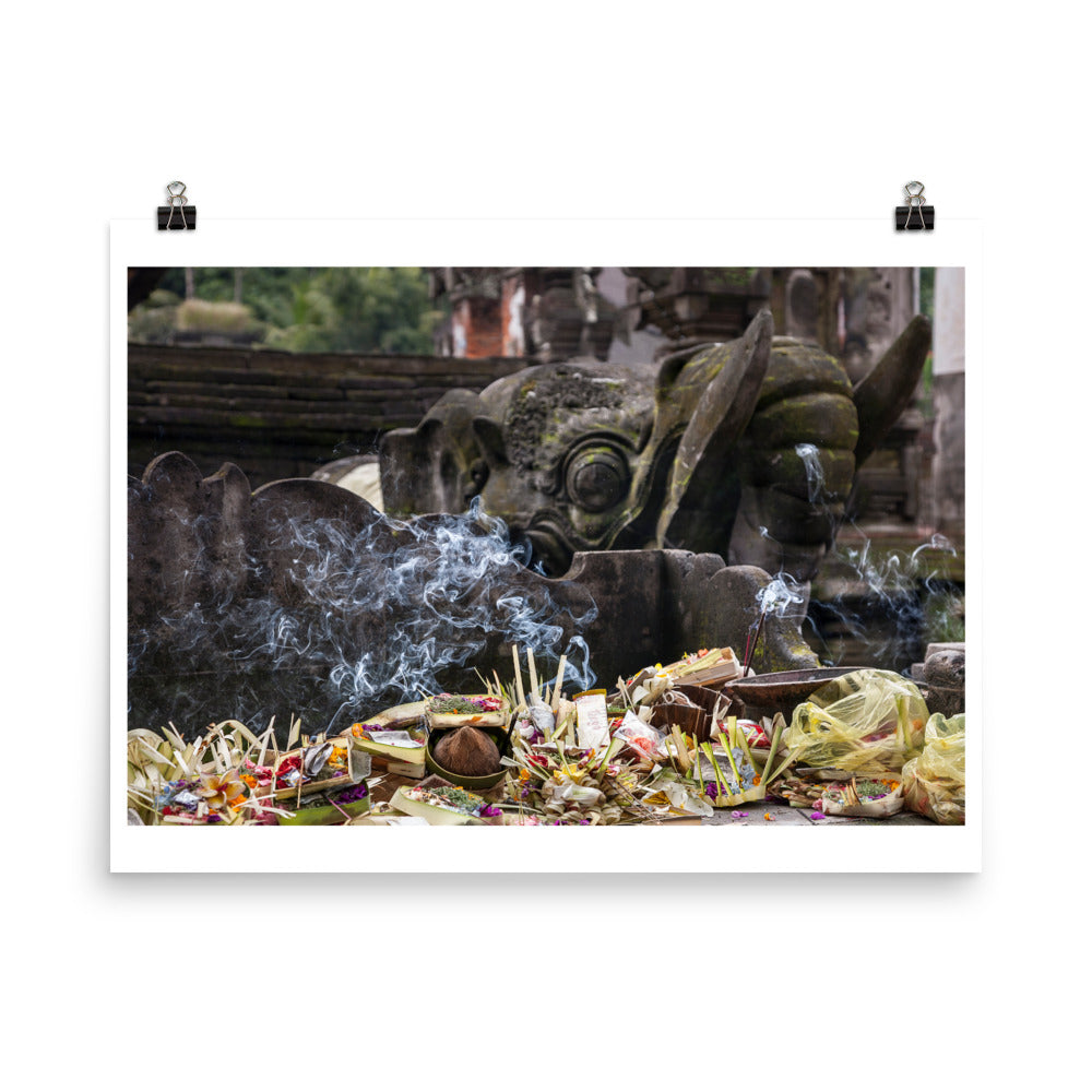 Wall art color photography print poster of religious offerends and incense in a temple in Ubud Indonesia