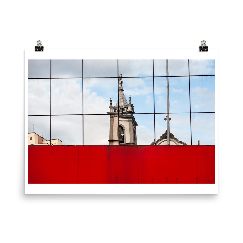 Wall art color photography print poster of church reflexions in downtown Sao Paulo Brazil