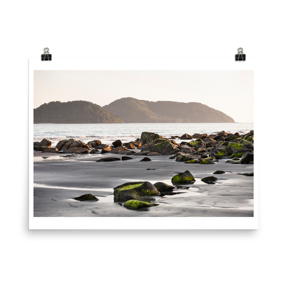 Wall art color photography print poster of a sunset at Praia Preta beach in Sao Paulo Brazil