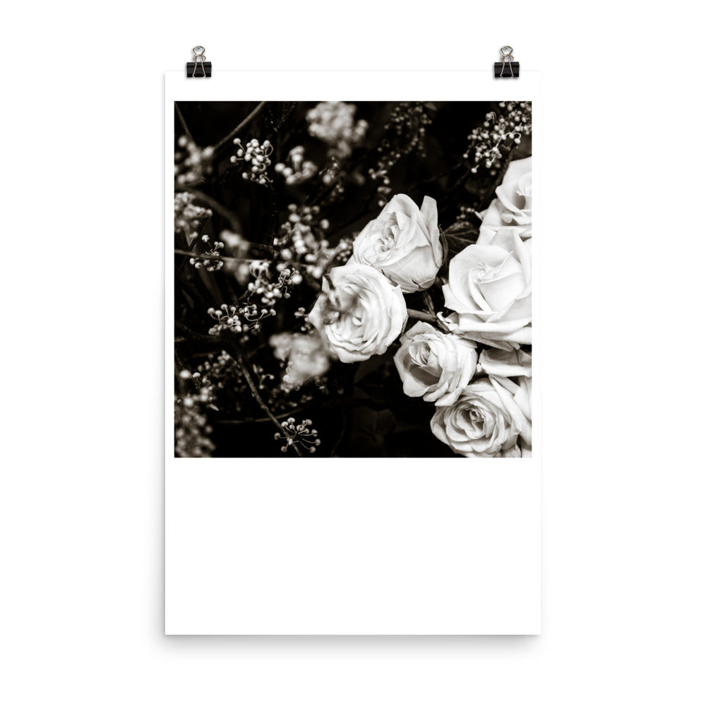 Wall art photography print poster of roses and other flowers in black and white.