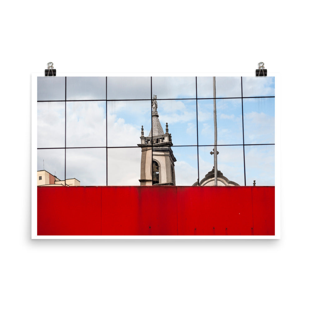 Wall art color photography print poster of church reflexions in downtown Sao Paulo Brazil