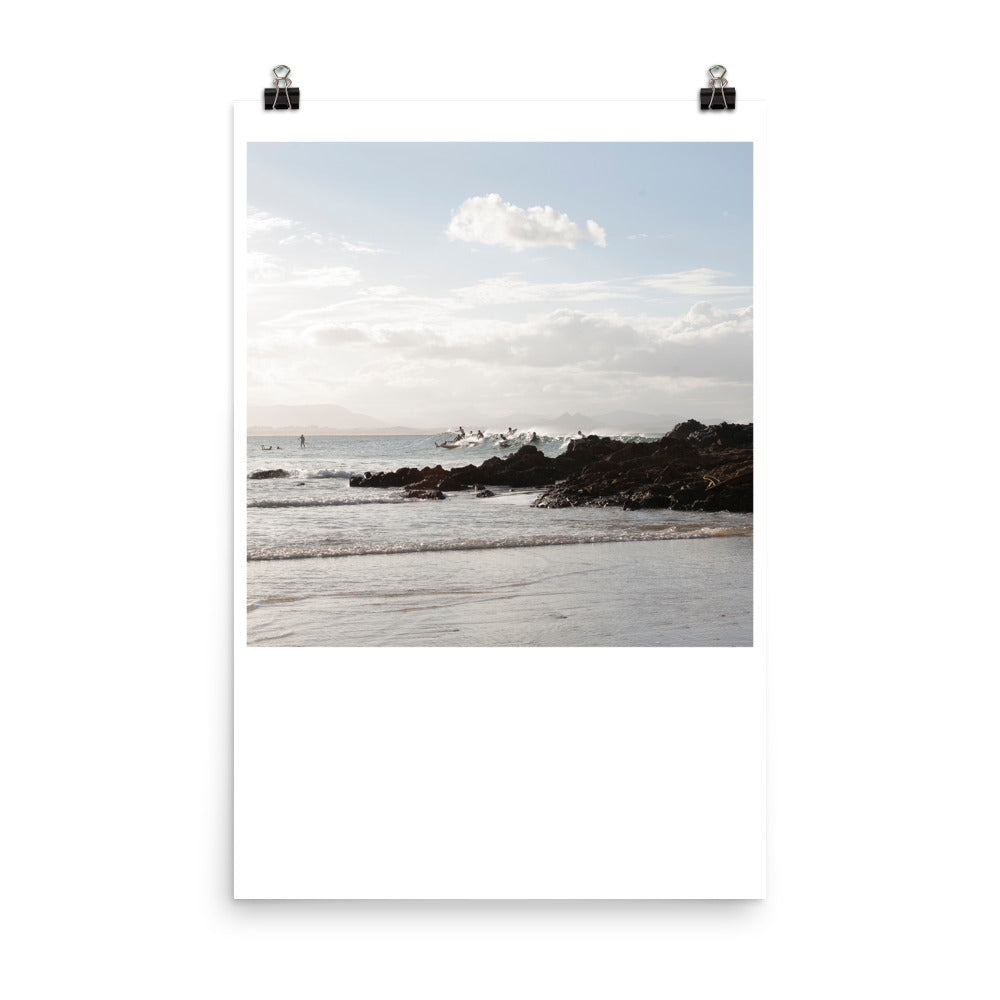 Wall art color photography print poster of surfers on a beach in Byron Bay The Pass Australia