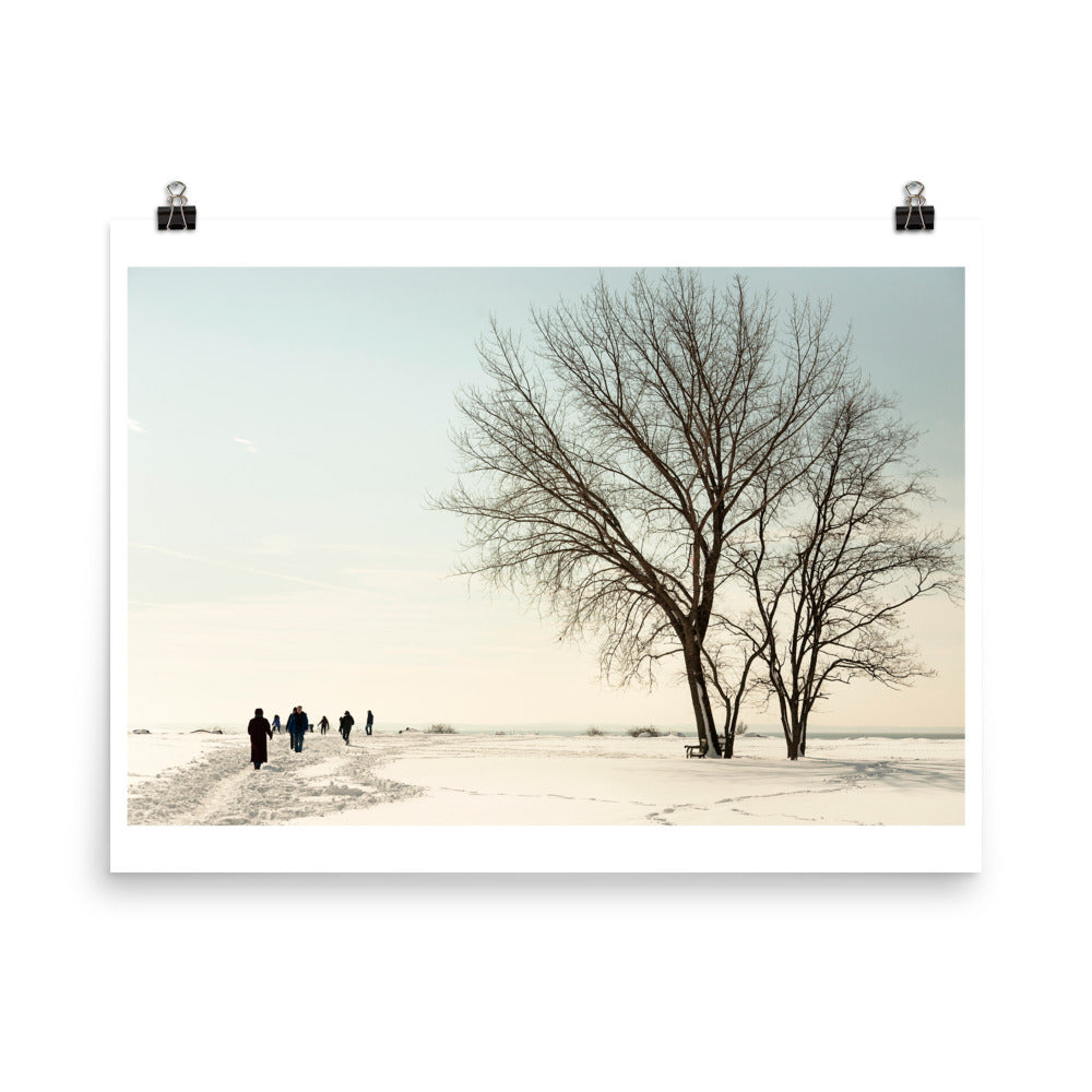 Wall art color photography print poster of people walking on a snow day at Tod's Point, Greenwich, Connecticut, CT USA