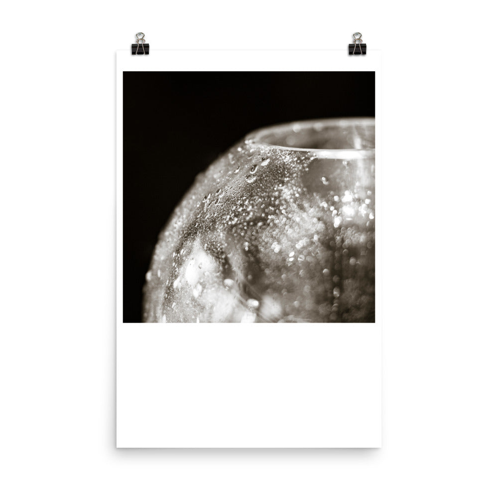 Wall art photography print poster of black and white close up image of a vase that looks like the moon