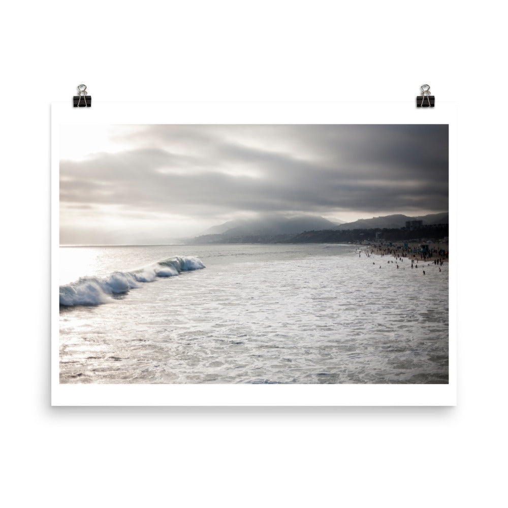 Wall art color photography print poster of Santa Monica beach in California on a cloudy day