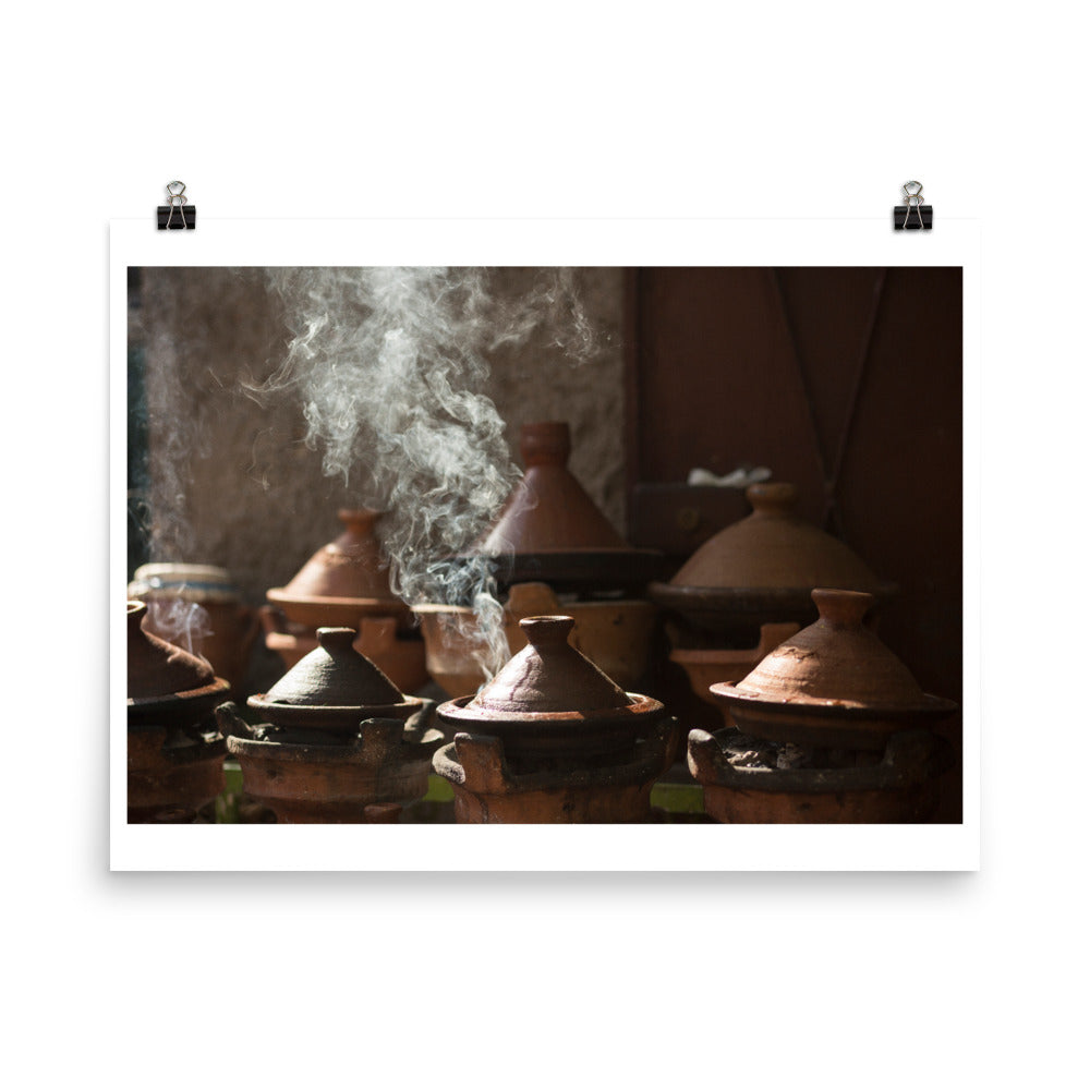 Wall art color photography print poster of tajine moroccan dishes.