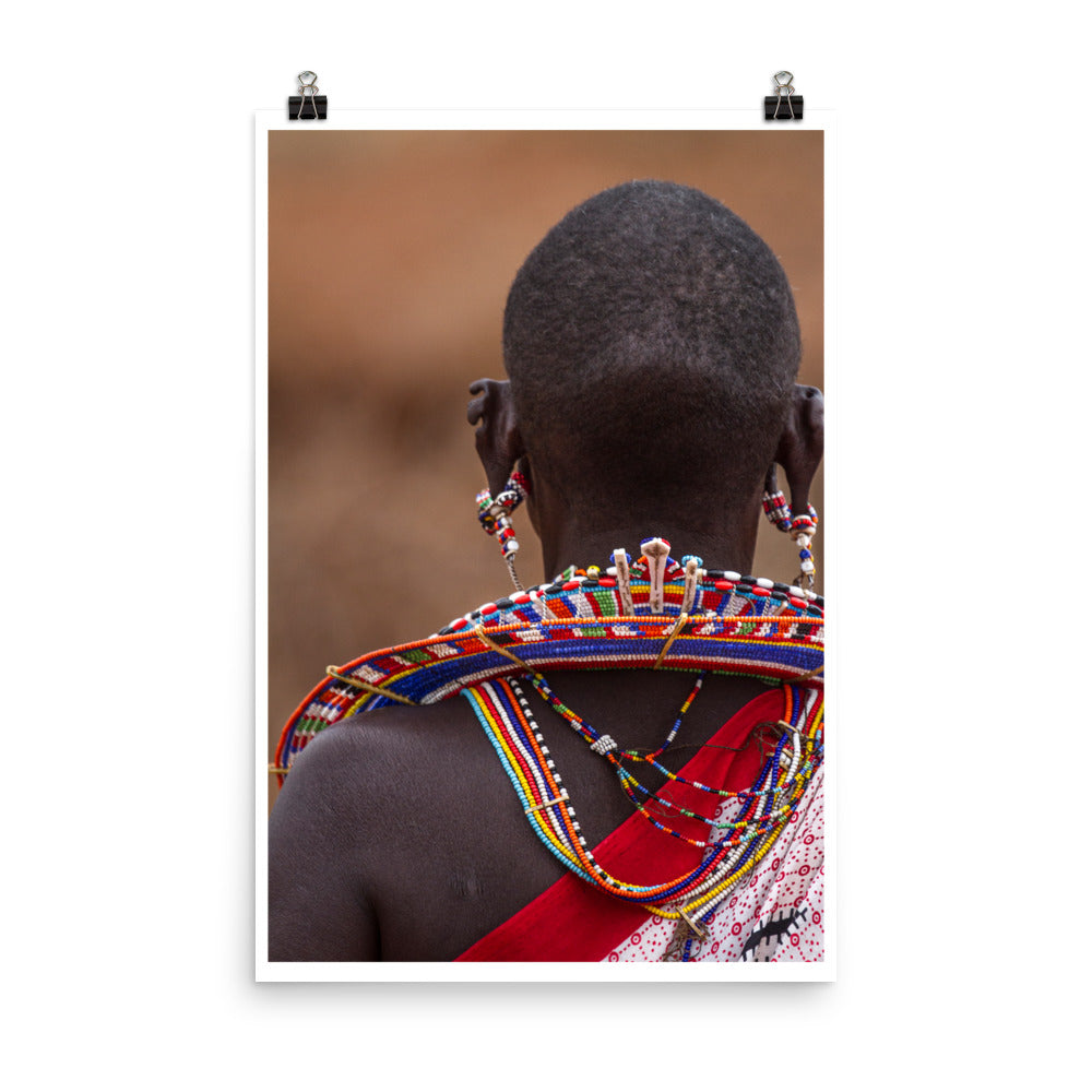 Wall art color photography print poster of a Maasai woman wearing african jewelry.