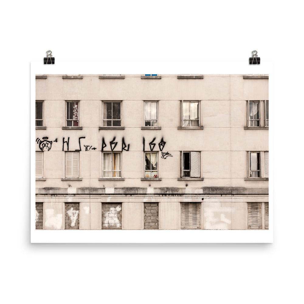 Wall art color photography print poster of graffitti on a building architecture in downtown Sao Paulo Brazil