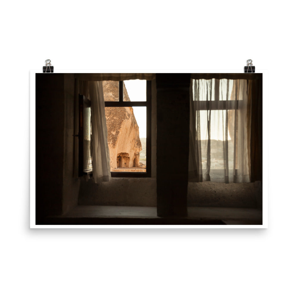 Wall art photography print poster of open window overlooking the caves in Capadoccia, Turkey