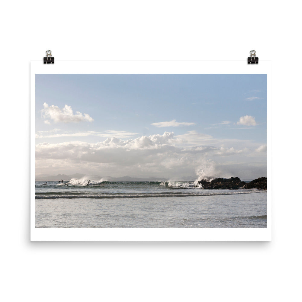 Wall art color photography print poster of surfers at The Pass in Byron Bay beach  Australia