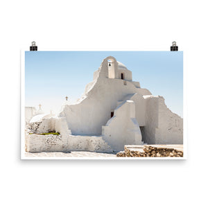 Wall art color photography print poster of Panagia Paraportiani church in Mykonos Greece