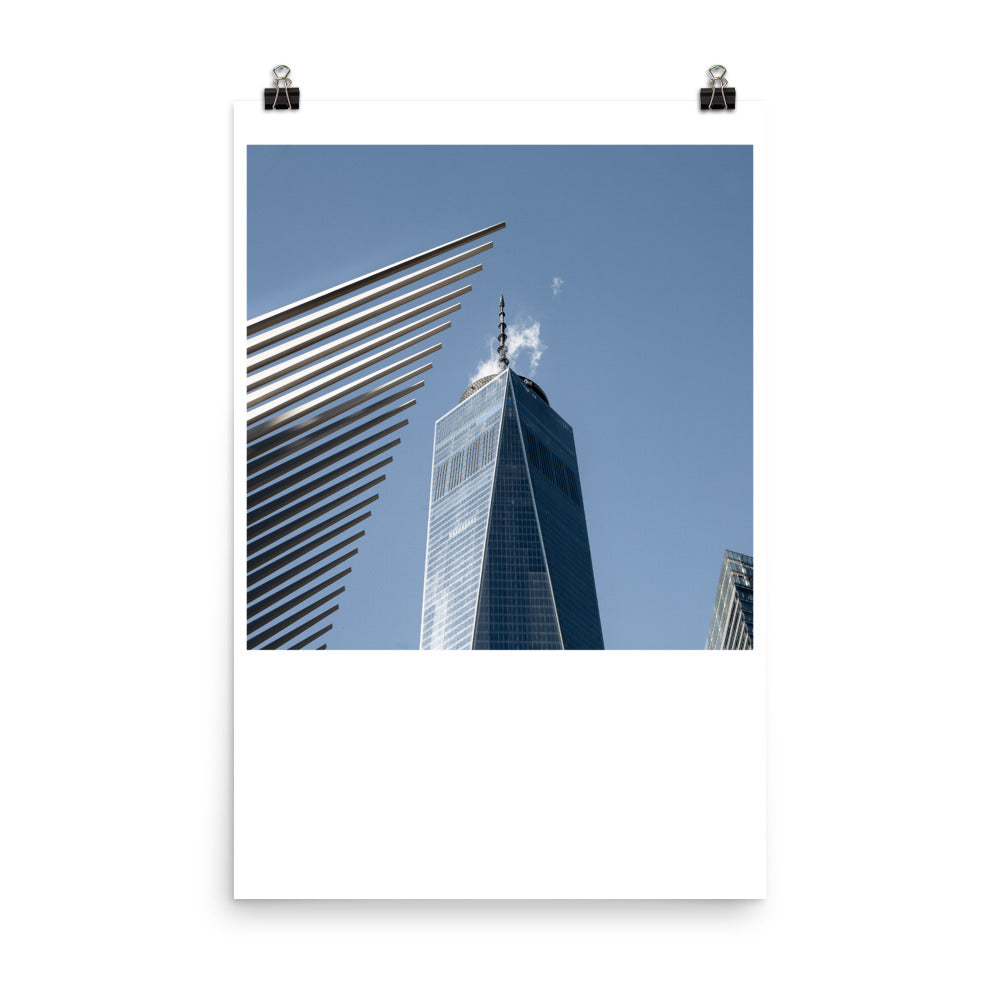 Wall art color photography print poster of the architect Calatrava building and Freedom Tower in NYC
